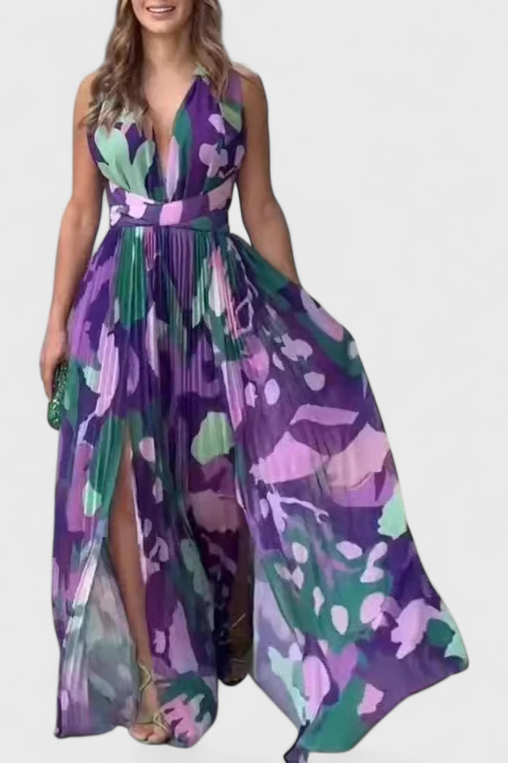 סמלת ססיל ארוכה מקופלת עם הדפס אקוורלי וגב פתוח