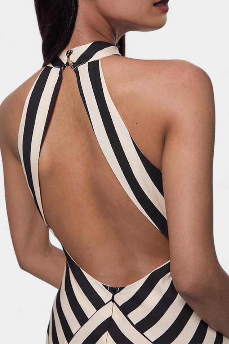 שמלת מקסי הלטר קריספינה עם פסים שוורצ' וגב פתוח