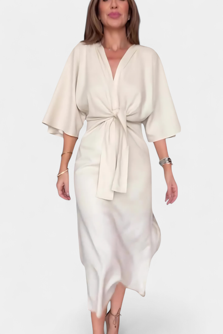 אנהוא שמלת קז'ואל עם קשר קדמי ומחשוף V