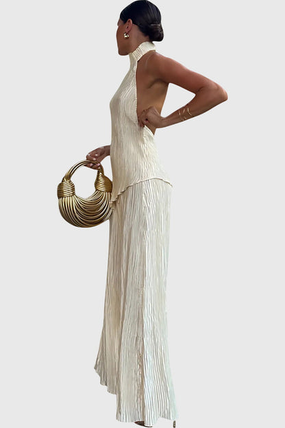 סט פילריקה אלגנטי עם טופ אסימטרי ומכנסיים זורמים