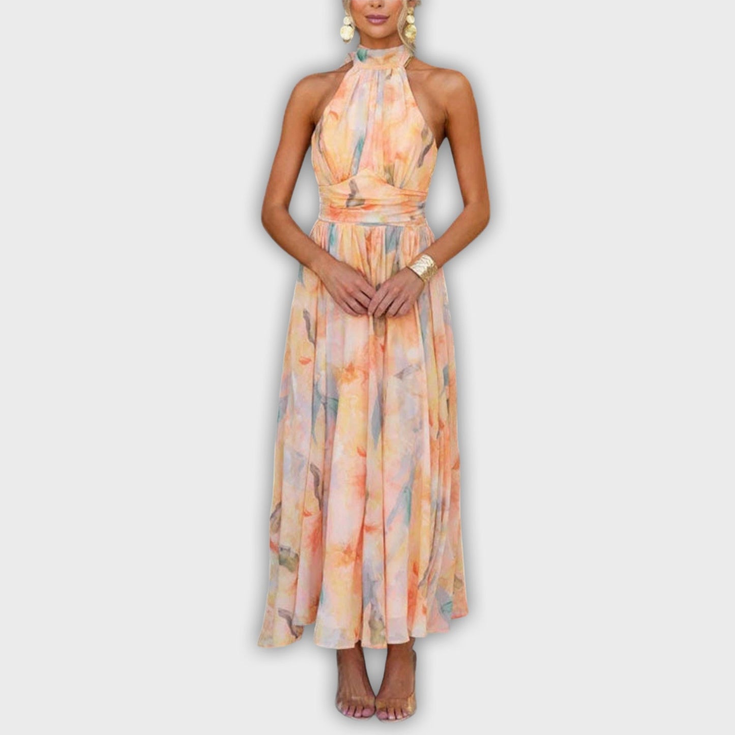 שמלת מקסי עם הדפס אקוורל וכתפיות קולר