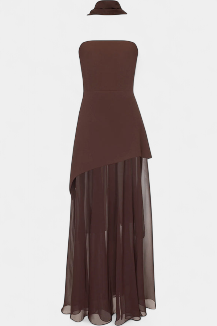 שמלת צליינה מקסי עם כתפיים חשופות מבד שיפון עם פתח צדדי