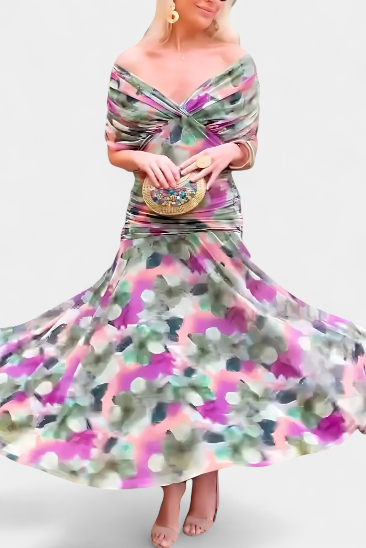 שמלות ארוכה אלונדרה עם הדפס פרחים וצווארון V