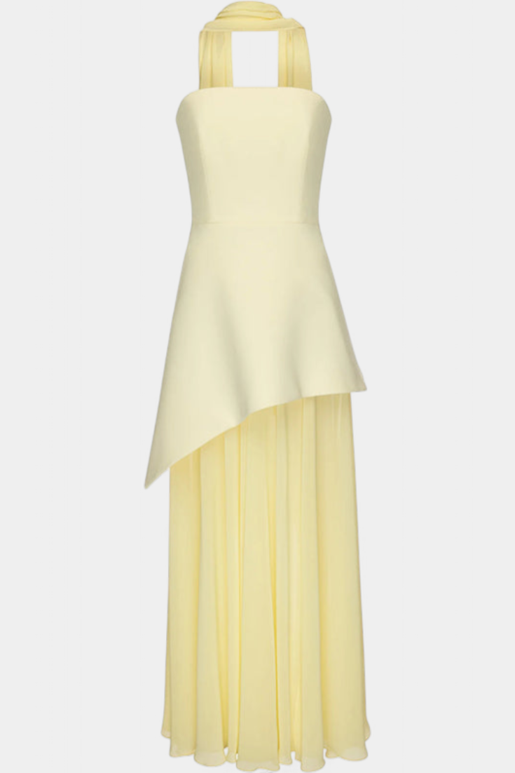 שמלת מקסי צלנה עם כתף חשופה משיפון עם פתח צדדי