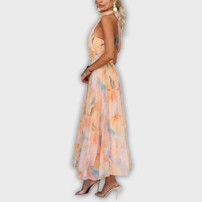 שמלת מקסי עם הדפס אקוורל וכתפיות קולר