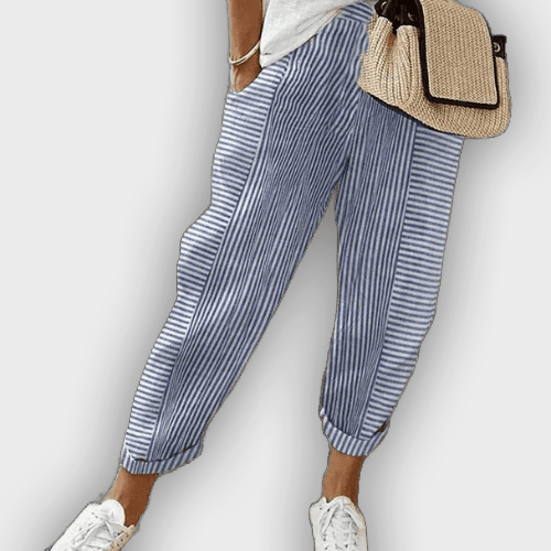 מכנסי לורה סטרישיאטי לקיץ עם מותן אלסטית