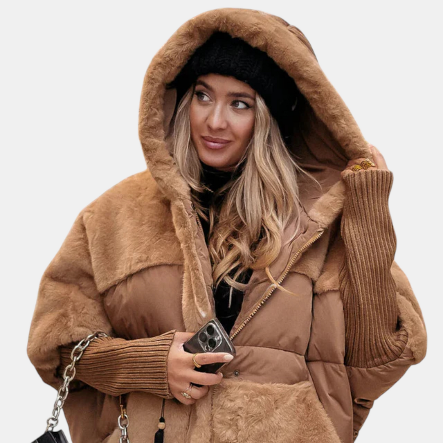 מעיל פוך עם קפוצ'ון ופאצ'ים במידה גדולה