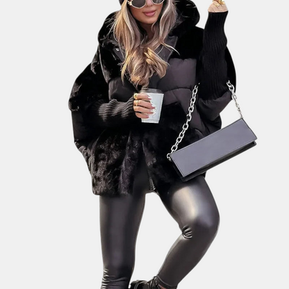 מעיל פוך גדול עם כובע ופאצ'ים