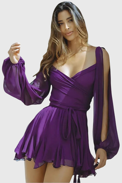 שמלות מיני עם צווארון V ושרוולים קלים