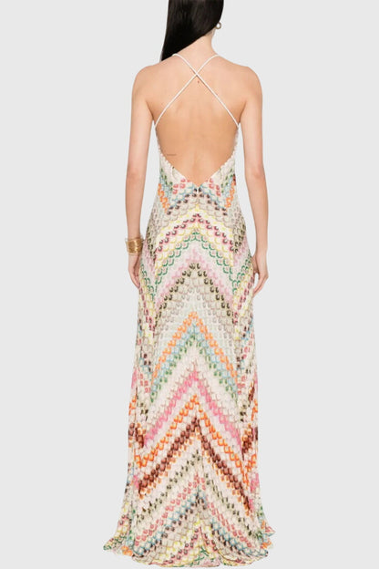 שמלת אגוסטינה ארוכה עם תחרה וסקוט V ודוגמת זיגזג