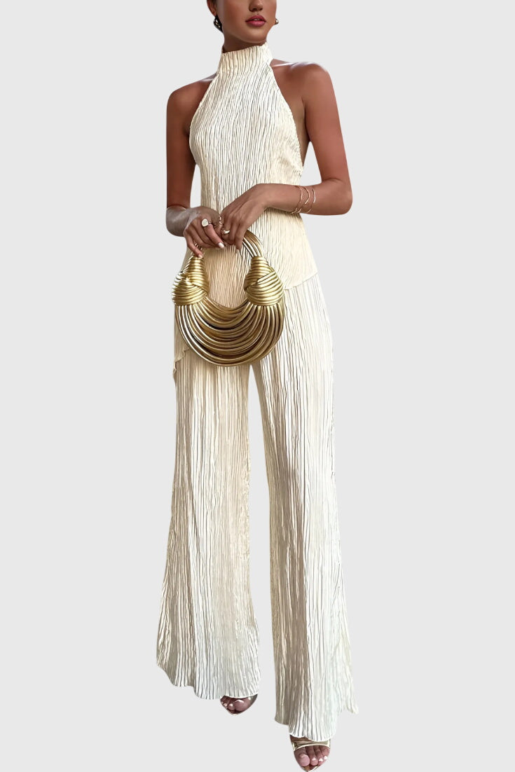 סט פילריקה אלגנטי עם טופ אסימטרי ומכנסיים זורמים