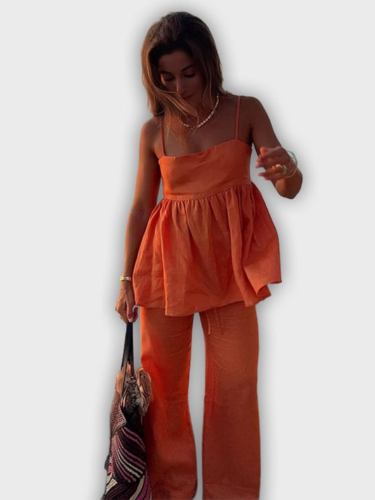 סט קיץ דו-חלקי עם טופ ומכנסיים רחבים - מראה אלגנטי ונינוח