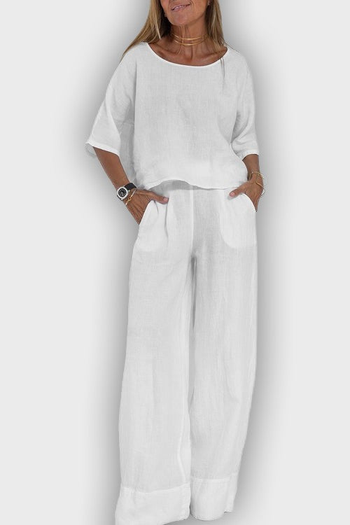 חליפת כותנה-פשתן אלגנטית לנשים בשני חלקים