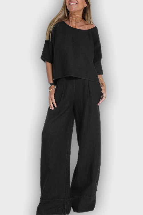 חליפת כותנה-פשתן אלגנטית לנשים בשני חלקים