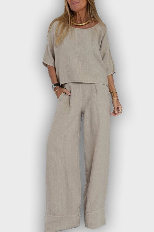 חליפת כותנה-פשתן אלגנטית לנשים בשני חלקים