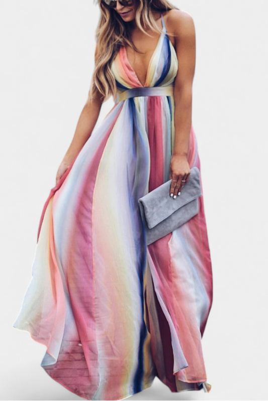 גקטשן שמלת פסים צבעונית עם מחשוף V