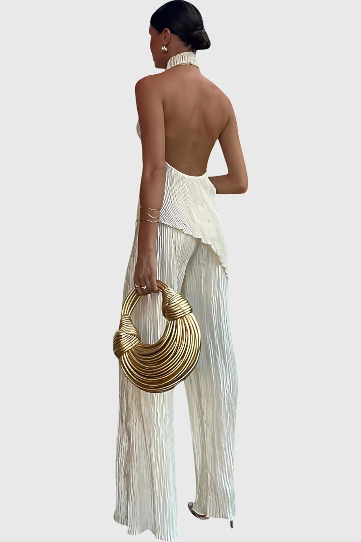 סט פילריקה אלגנטי עם טופ אסימטרי ומכנסיים זורמים