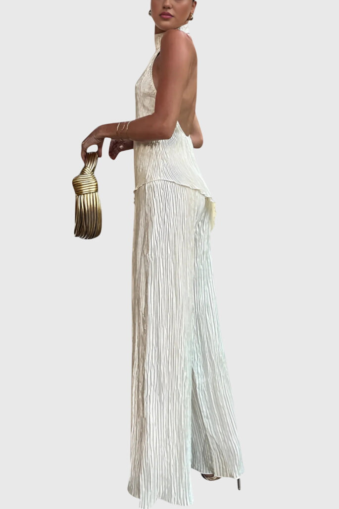 סט פילריקה אלגנטי עם טופ אסימטרי ומכנסיים זורמים