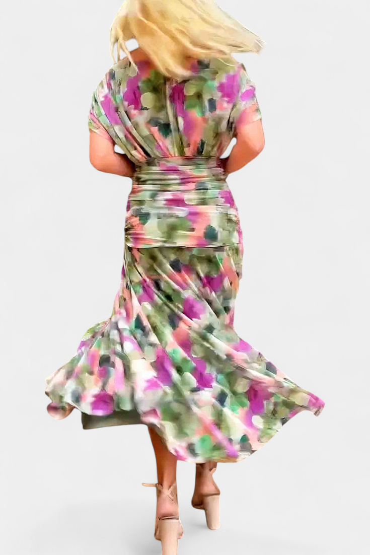 אלונדרה שמלה ארוכה עם הדפס פרחוני פנטזיה וצווארון בצורת V