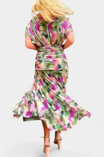 אלונדרה שמלה ארוכה עם הדפס פרחוני פנטזיה וצווארון בצורת V