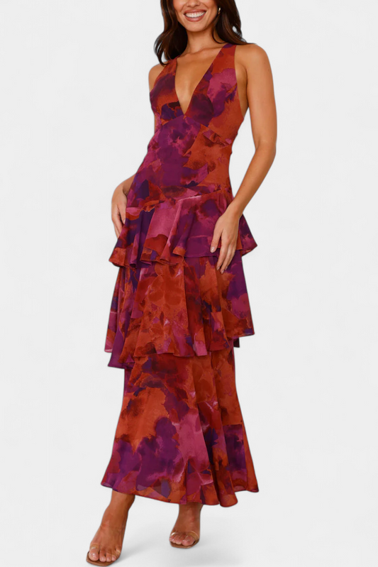 דומניקה שמלת גזע עם צוואר V ושכבות זורמות