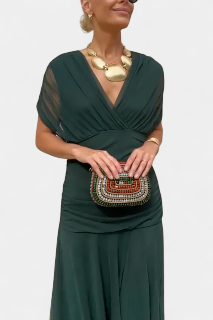 אלונדרה שמלה ארוכה עם הדפס פרחוני פנטזיה וצווארון בצורת V