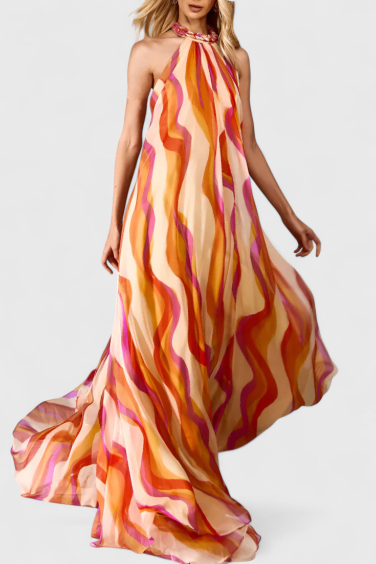 שמלות מקסי הולטר רמי עם הדפס גלים וקלוע אלגנטי