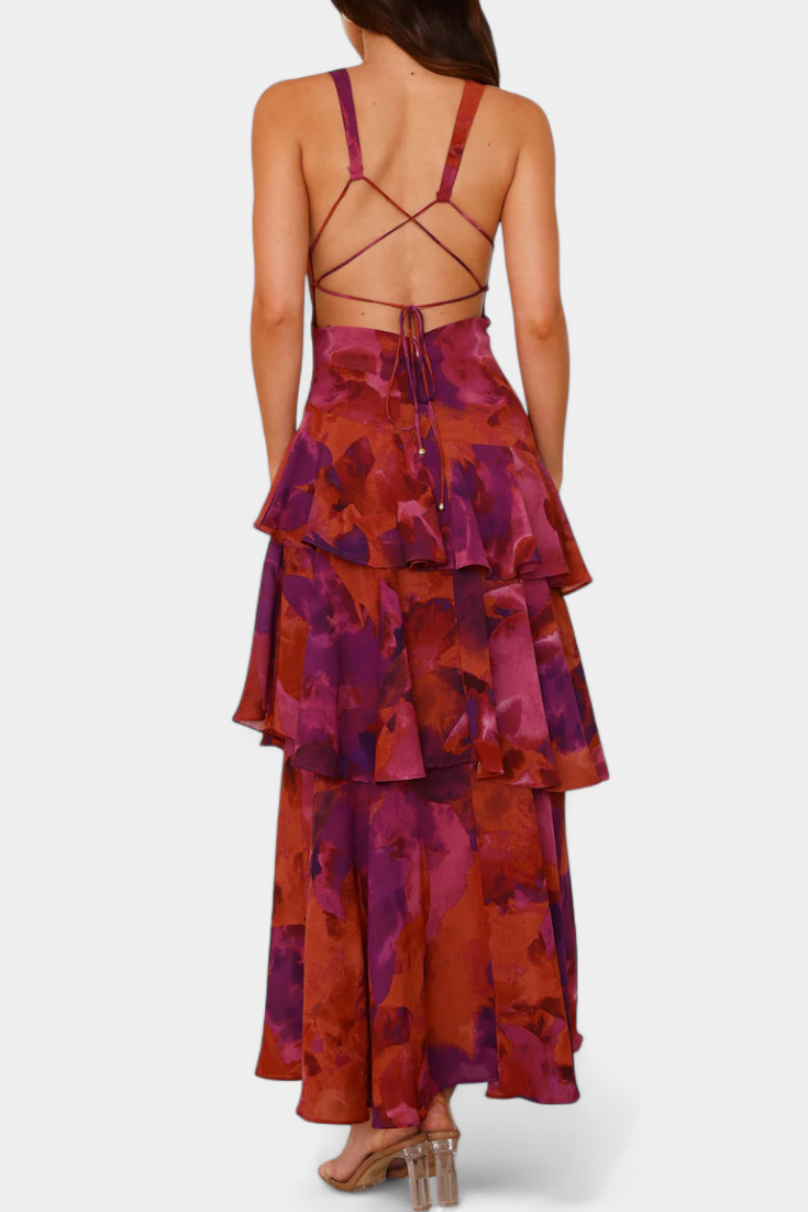 דומניקה שמלת גזע עם צוואר V ושכבות זורמות