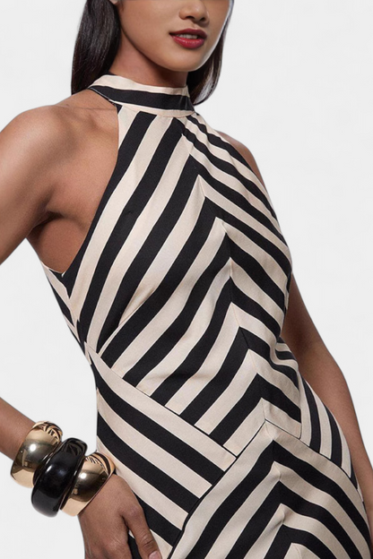 שמלת מקסי הלטר קריספינה עם פסים שוורצ' וגב פתוח