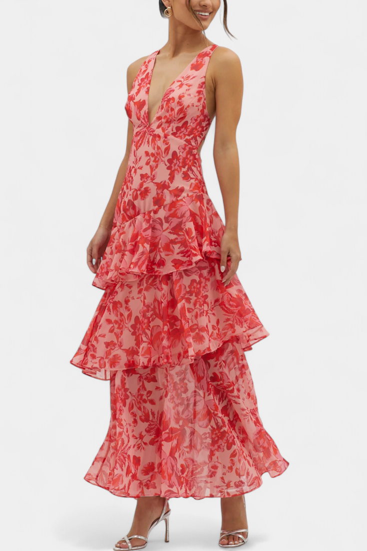 דומניקה שמלת גזע עם צוואר V ושכבות זורמות