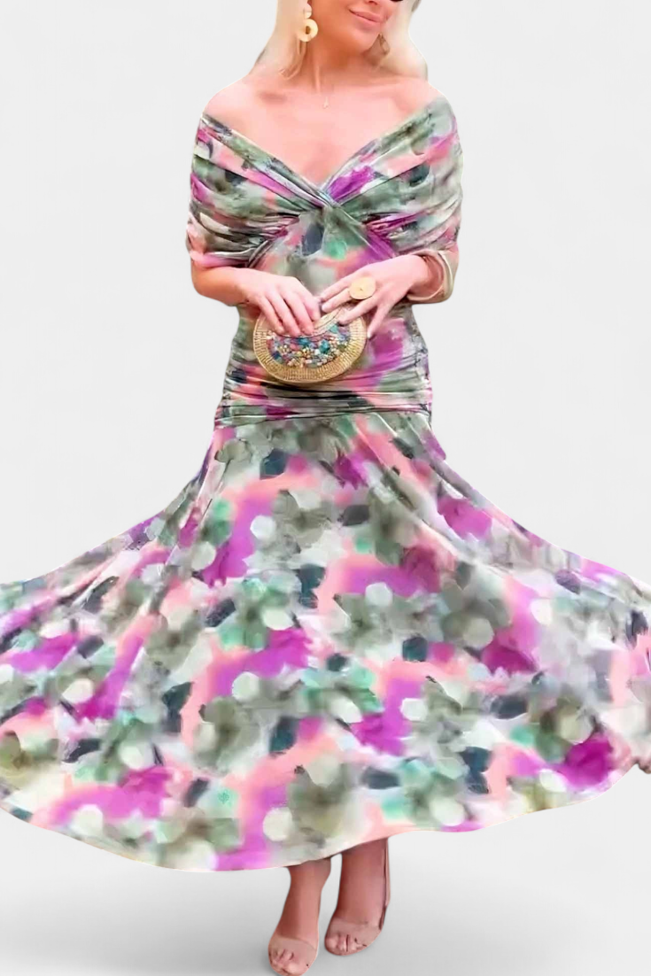 אלונדרה שמלה ארוכה עם הדפס פרחים פנטזי ומחשוף בצורת V