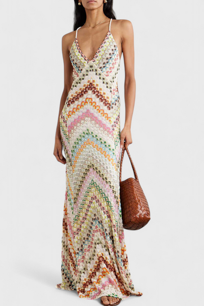 אגוסטינה שמלת תחרה ארוכה עם מחשוף V ודוגמת זיגזג