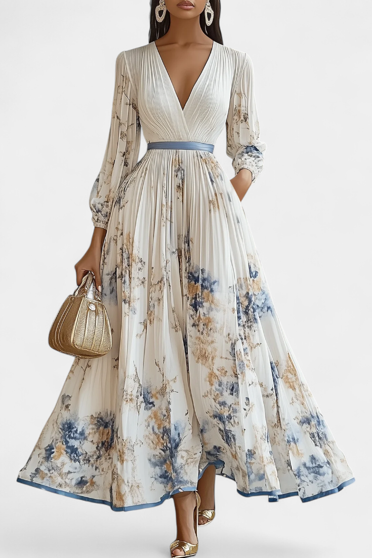 שמלת פיידרה ארוכה מגזה קפיצית עם שרוולים מנופחים