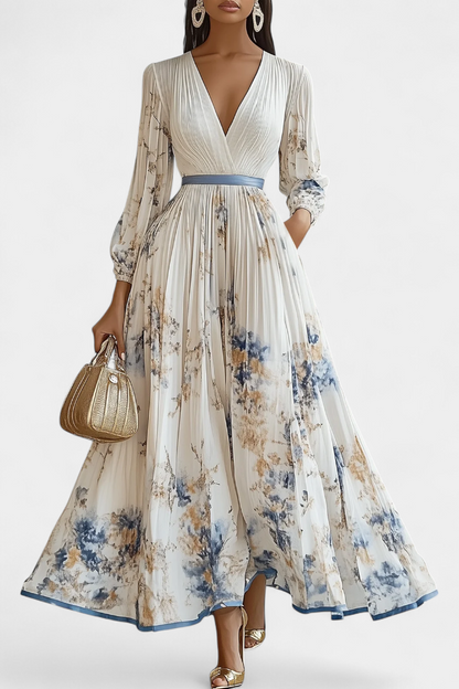 שמלת פיידרה ארוכה מגזה קפיצית עם שרוולים מנופחים