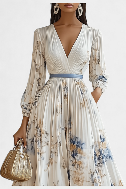 שמלת פיידרה ארוכה מגזה קפיצית עם שרוולים מנופחים