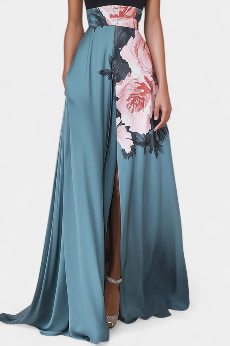 רדמילה שמלת A-Line עם גוף שחור וחצאית פרחונית בניגוד