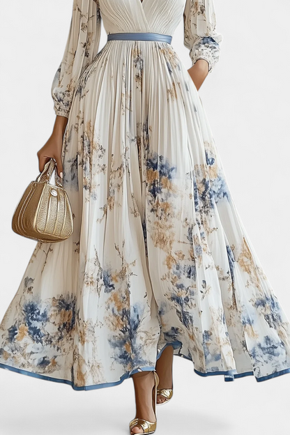 שמלת פיידרה ארוכה מגזה קפיצית עם שרוולים מנופחים