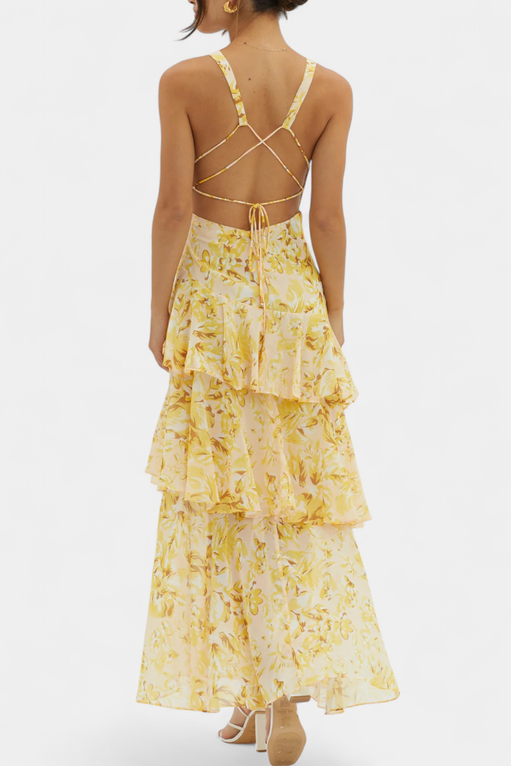 דומניקה שמלת גזה עם מחשוף V ושכבות זורמות