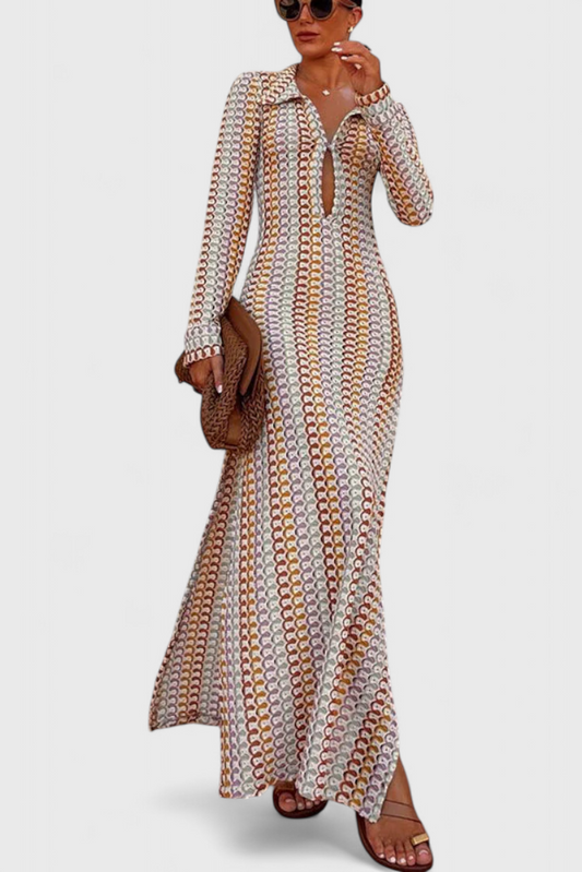 שמלות כריסנטה ארוכות מודפסות עם גלים רב-צבעוניים ושרוולים ארוכים