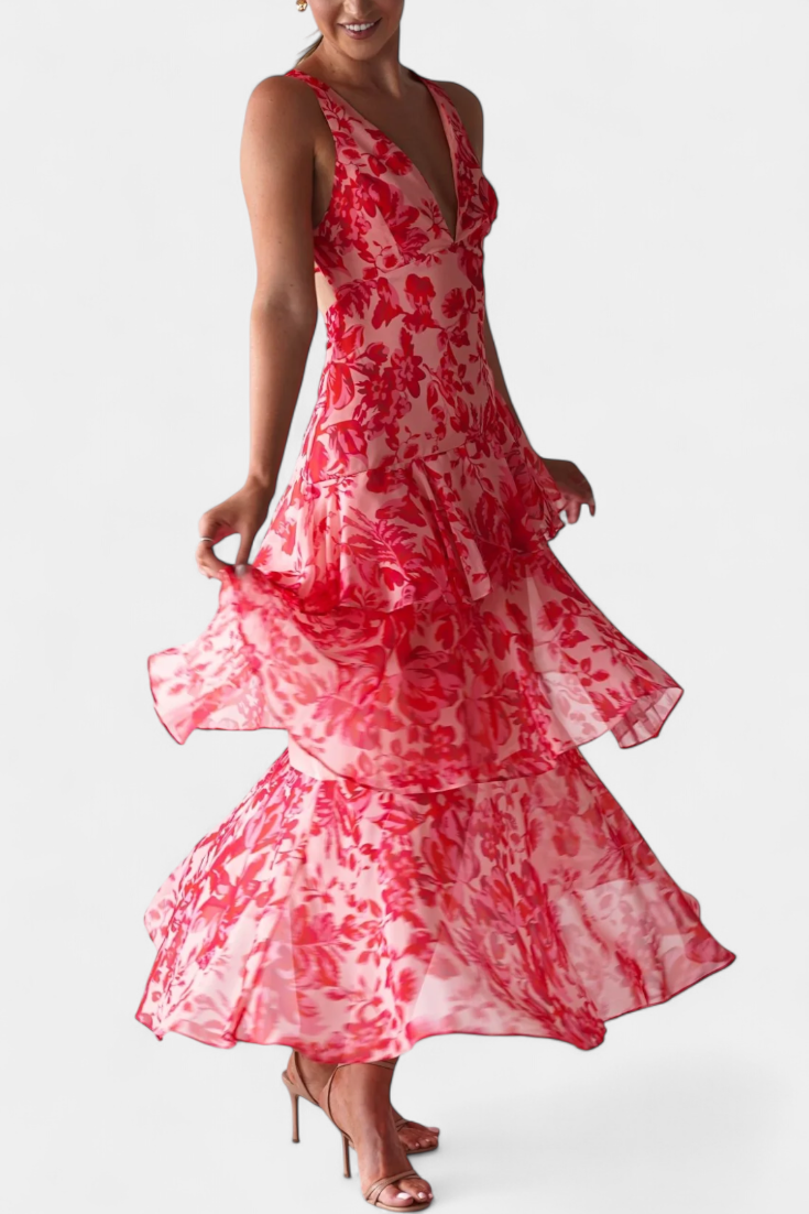 דומניקה שמלת גזה עם מחשוף V ושכבות רפויות