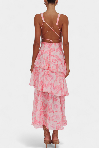 דומניקה שמלת גזע עם צוואר V ושכבות זורמות