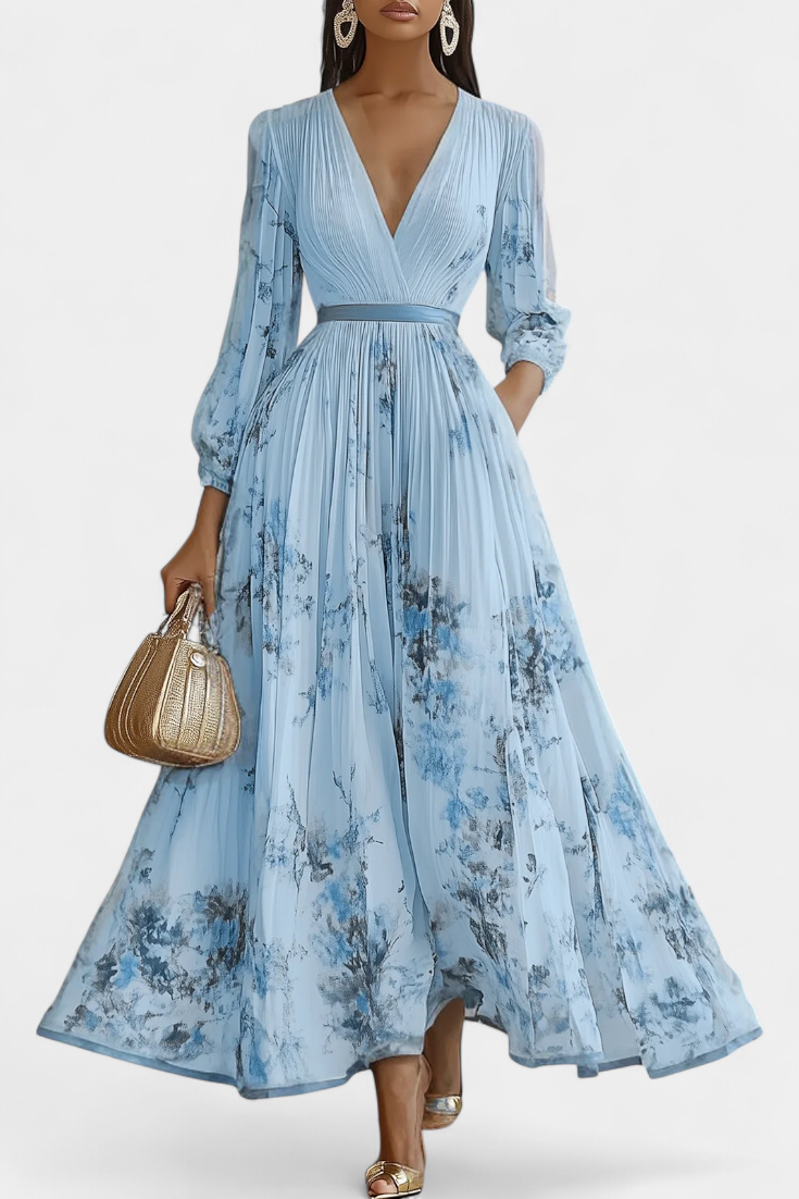 שמלת פיידרה ארוכה מגזה קפיצית עם שרוולים מנופחים