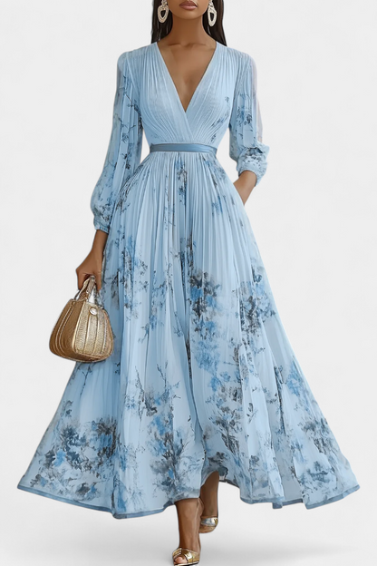 שמלת פיידרה ארוכה מגזה קפיצית עם שרוולים מנופחים