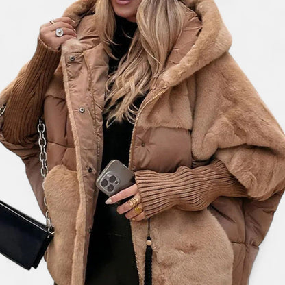 מעיל פוך גדול עם כובע ופאצ'ים